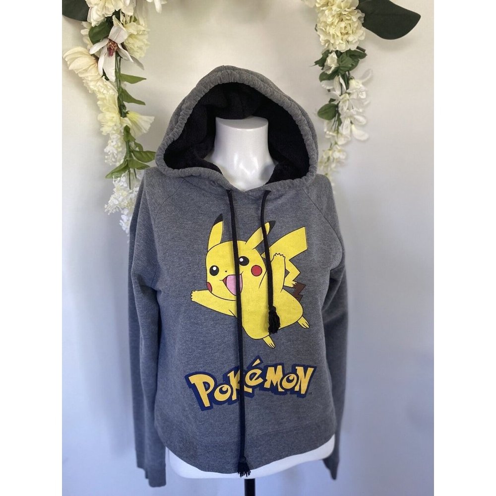 Pokemon Boys Kids Hooded Pullover Sweatshirt Shirt Size Large Gray and Yellow‎